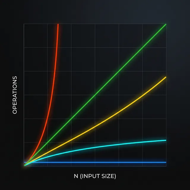 Big O Komplexitätsdiagramm mit O(1), O(log n), O(n), O(n log n), O(n^2) und O(2^n)
